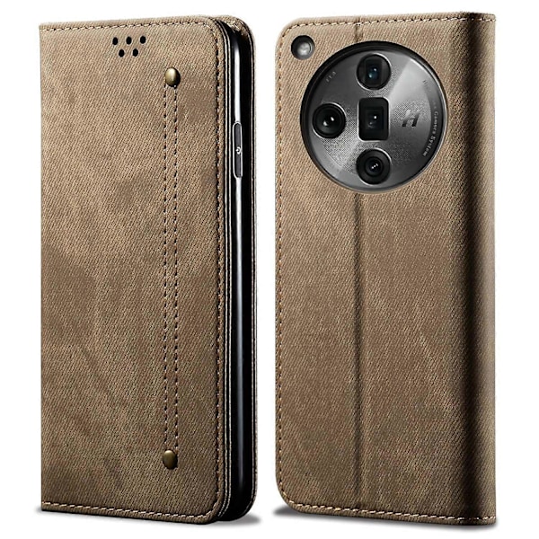 För Oppo Find X7 5G Jeans Tyg Textur Telefonfodral PU Läder Ställ Visningsskydd Multicolor Khaki