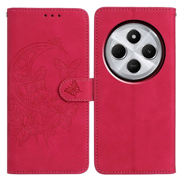 PU Læder Etui Til Xiaomi Redmi 14C 4G/ Redmi A3 Pro 4G/ Poco C75 4G Sommerfugl Blomst Præget Wal Multicolor Rose