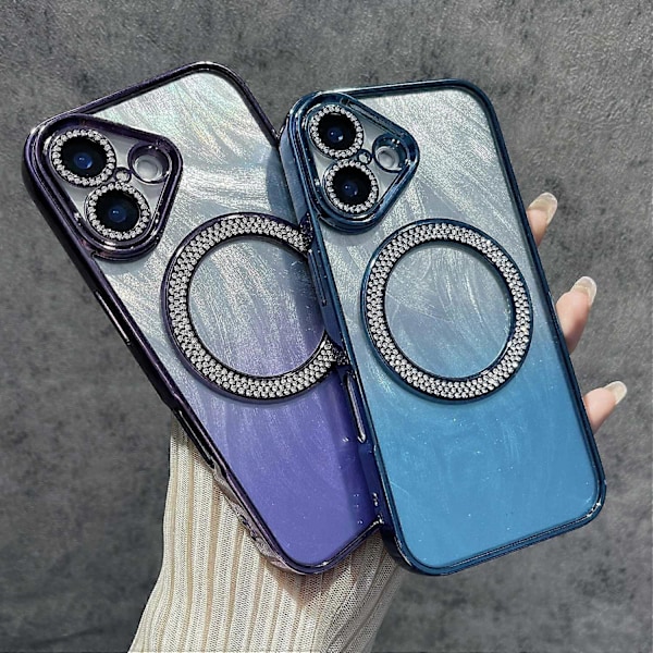 Magnetiskt skal för iPhone 16, fjädertextur, bling, glittrigt TPU+PC-telefonskal Multicolor Style B