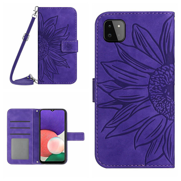 Til Samsung Galaxy A22 5g (EU Version) Ht04 Præget Solsikke Pu Læder Smartphone Cover Stativ Stødsikker Hud-venlig Telefon Wallet Etui Med Skulderrem Dark Purple