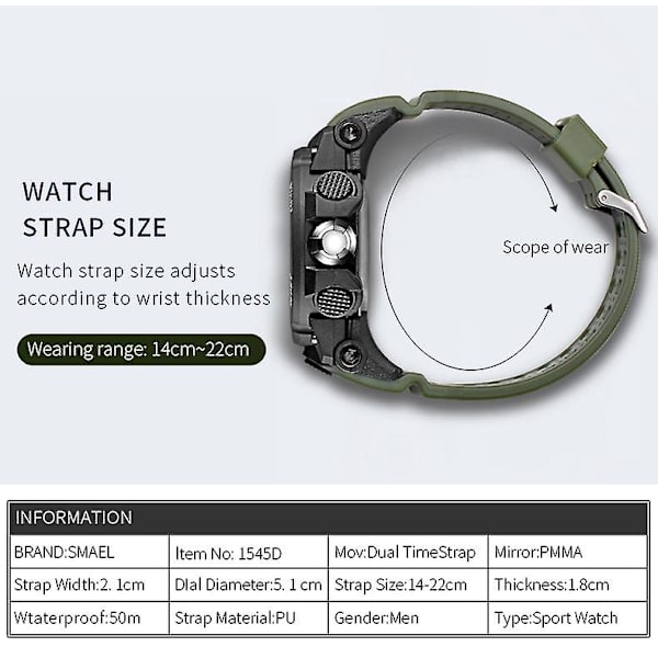 Smael Herre Sportsur 50m Vandtæt Stødsikkert Ur Alarm Dual Display Lysende Quartz Armbåndsur Army Green