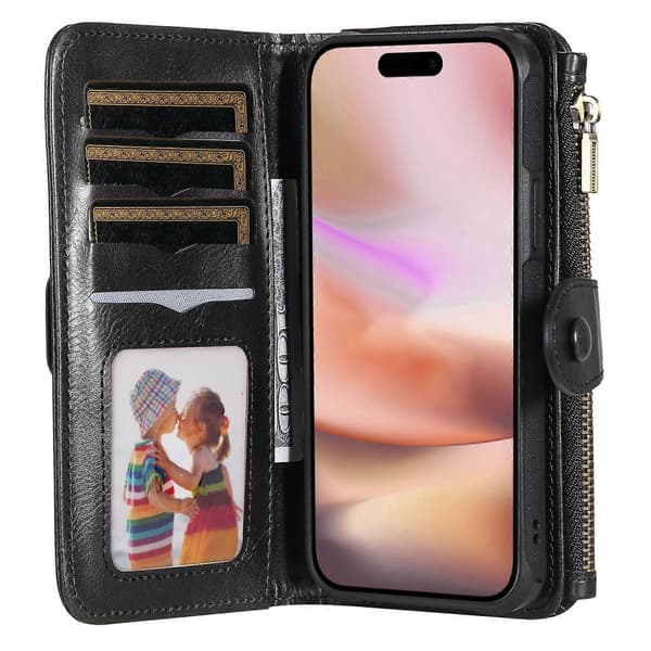 KT Multi-Functional Series-3 Deksel til iPhone 16 Plus PU-Lær Glidelås Lommebok Avtakbart Deksel Multicolor Black