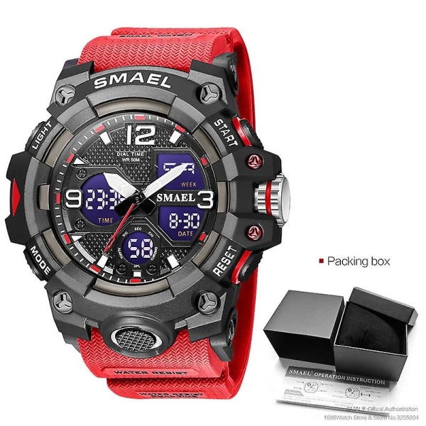 Smael Herr Sport Digitala klockor Dual Time Quartz Armbandsur Orange Chronograph Vattentät Watch Relogio Reloj Red-Box