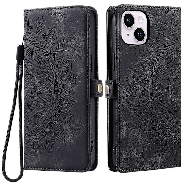 Stil 016 Skinnfodral för iPhone 14 med Totemtryck och Plånboksfunktion - Multicolor Black