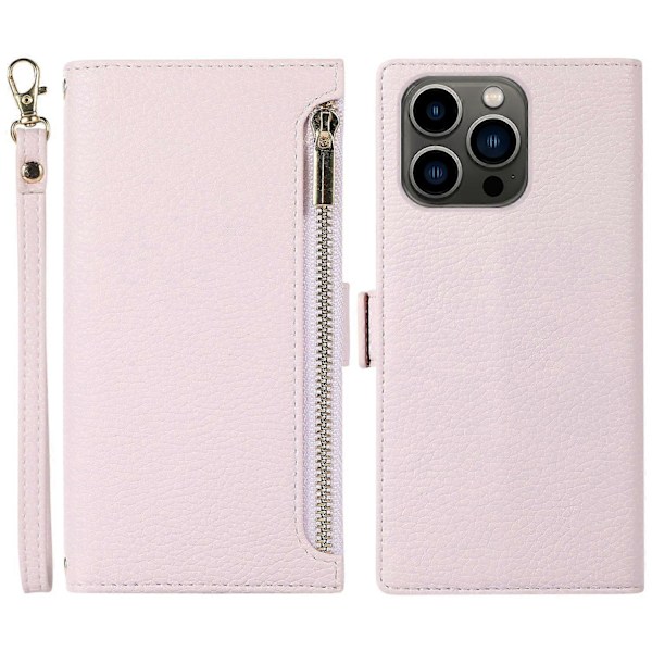 For iPhone 15 Pro Deksel Litchi Tekstur Glidelåslomme Anti-fall Lærdeksel med Stropp Multicolor Style C