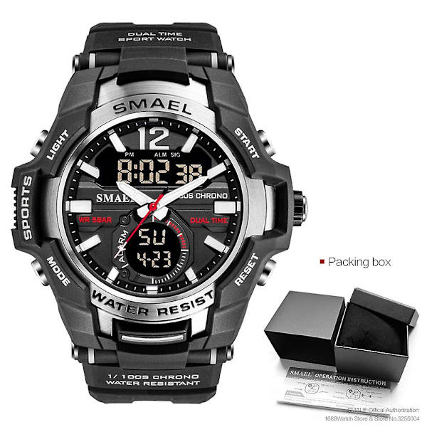Smael Dual Time Army -urheilukello miehille, valoisa, vedenpitävä kvartsi digitaalinen rannekello herätyskellolla ja LED-taustavalolla sekä kalenterilla 1805 Black Silver-Box