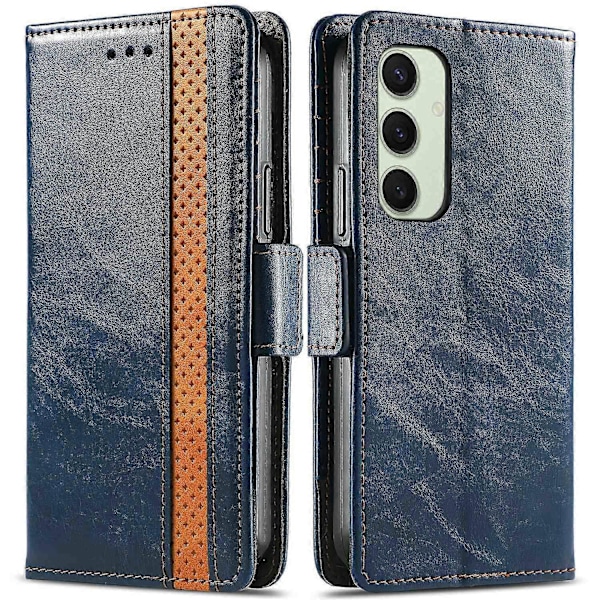 CASENEO 002 -sarja Samsung Galaxy S24 FE -kotelolle, jalustallinen lompakkokotelo, yhdistetty PU-nahkakansi - Tummanruskea Multicolor Dark Blue