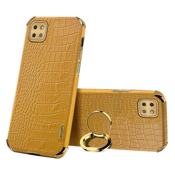 Til Samsung Galaxy A22 5g (eu Version) Krokodille Tekstur Pu Læder Belagt Tpu Etui Elektroplettering Ring Støtteben Telefon Cover Yellow