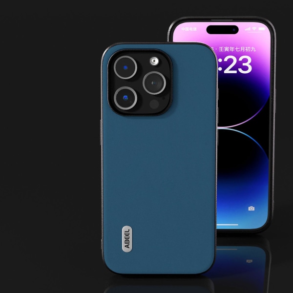Stødsikkert telefoncover i okselæder + PC + TPU anti-ridse cover til iPhone 15 Pro Blue