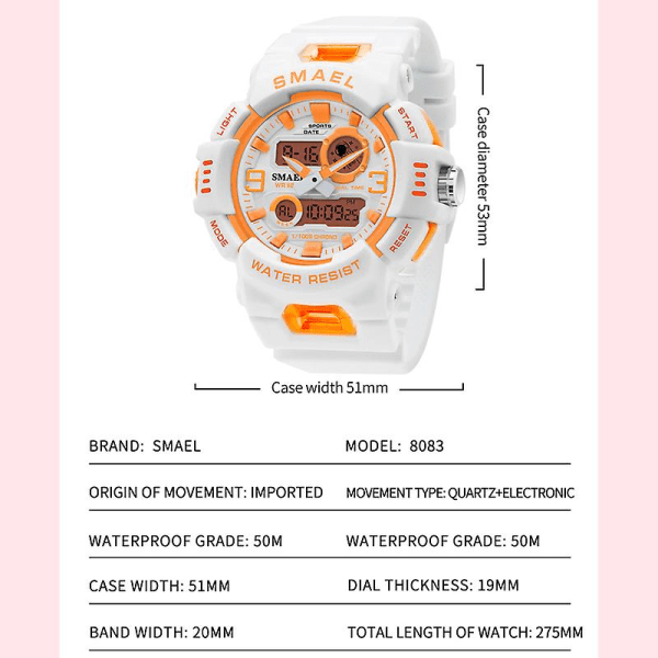 Watch Quartz Smael Sportklockor 50m Vattentäta Armbandsur Dual Time Fashion White Clock 8083 Damklockor Digital ORANGE