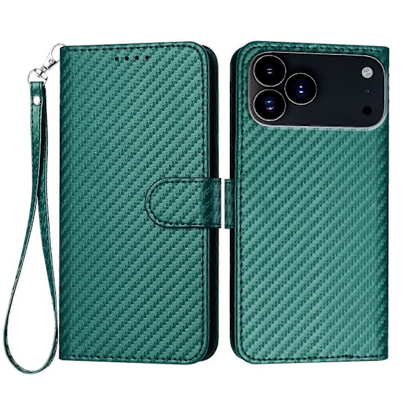 Plånboksfodral för iPhone 17 Pro Max med rem, kolfibertextur läder mobilskal Multicolor Blackish Green