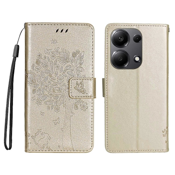 Xiaomi Redmi Note 13 Pro 4G/Note 14S 4G/Poco M6 Pro 4G -puhelinkotelo jalustalla, kissapuu-kuvio Le Multicolor Gold