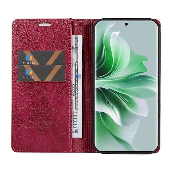 YIKATU YK-006 Mobilskal för Oppo Reno11 5G, Litchi-texturerat PU-läder, Ställ, Plånboksfodral Multicolor Wine Red