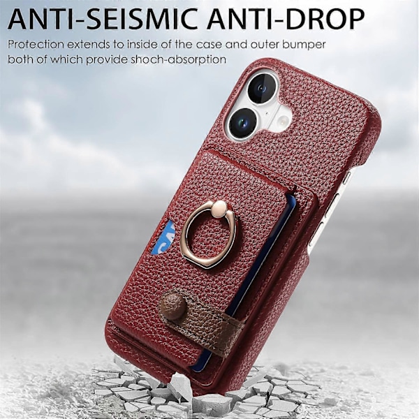 Y2 Fodral till iPhone 16 med Ringhållare, Ställ, Kortfack, Läder Skal - Date Apricot Multicolor Red