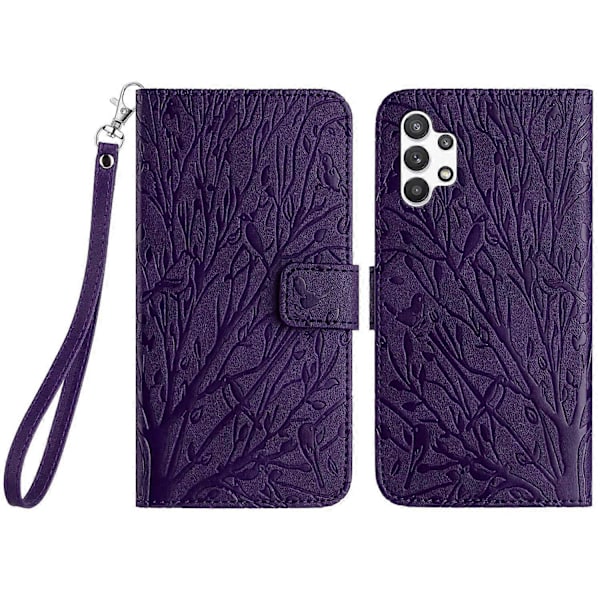 Til Samsung Galaxy A32 4G (EU Version) Etui Træ Fugl Prægning Læder Wallet Stand Cover Multicolor Style D
