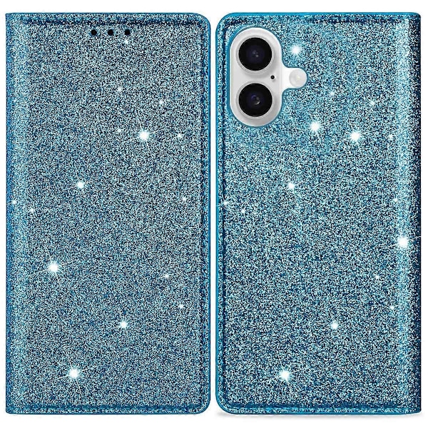 Glittrigt PU-läder + TPU-fodral med kortplats för iPhone 16 Plus - Grå Multicolor Blue