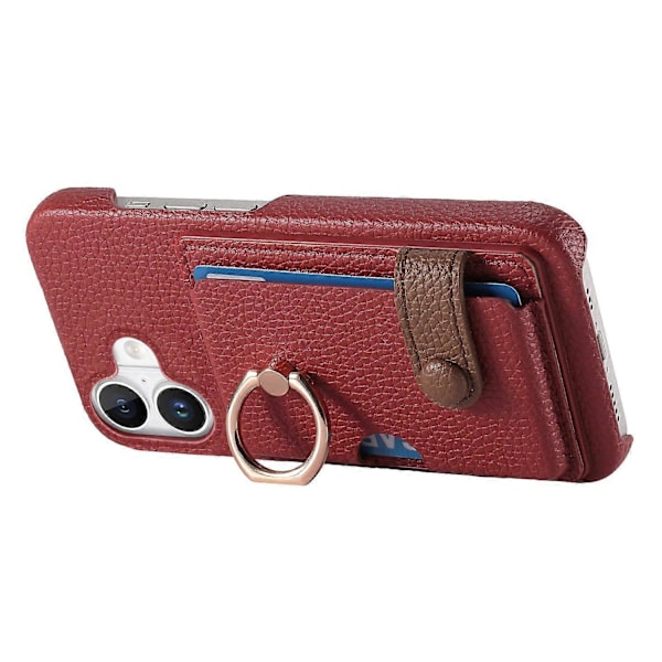 Y2 iPhone 16 -puhelimen kuori, jossa sormipidike, jalusta, korttipaikka ja nahkainen takakansi - Päivämäärä Aprikoosi Multicolor Red