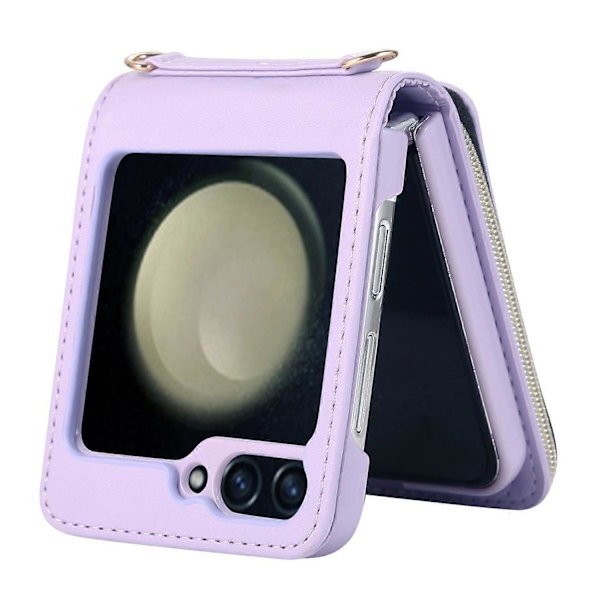 Til Samsung Galaxy Z Flip5 5G Etui Læder+PC Lynlås Telefon Cover med Håndledsrem Multicolor Style E