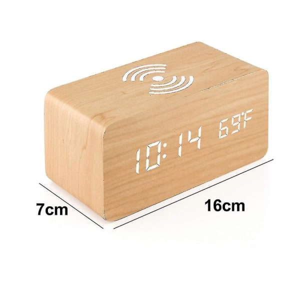 Digitalt Vækkeur i Træ med Trådløs Opladning, 3 Alarmer LED-Display, Lydkontrol og Snooze Dual til Soveværelse, Sengebord, Kontor bamboo