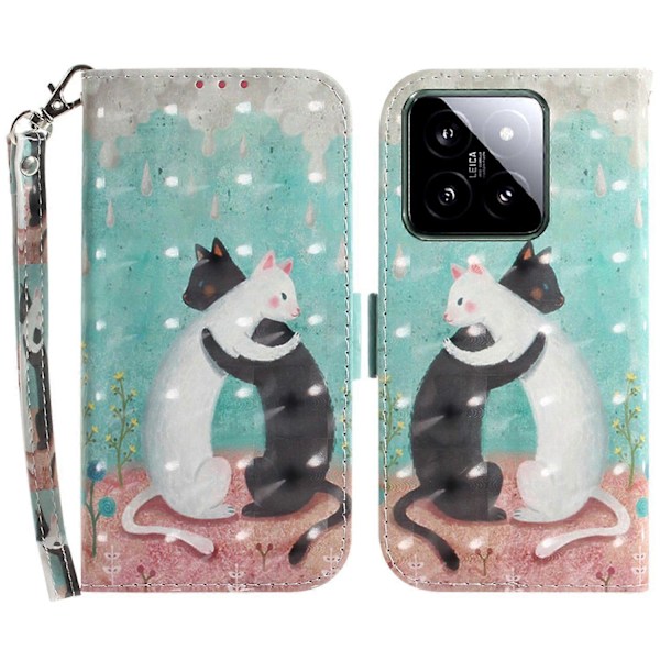 Til Xiaomi 14 Etui 3D Mønster Læder Anti-ridse Telefon Wallet Cover Multicolor Two Cats