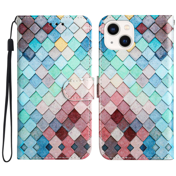 För Iphone 15 Plus Pu Läder Case Mönster Skrivbord Cover Grids