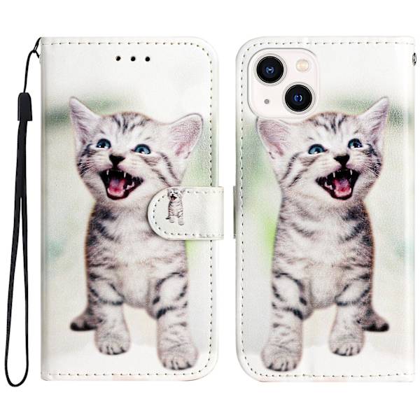 Telefonlommebokdeksel med mønstertrykk for iPhone 15, PU-lærstativ Anti-fall deksel Cat