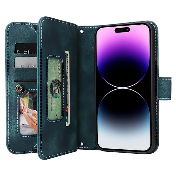 För Iphone 14 Pro Max Anti-dropp phone case Stativ Blixtlåsficka Läder Cover med remmar Green