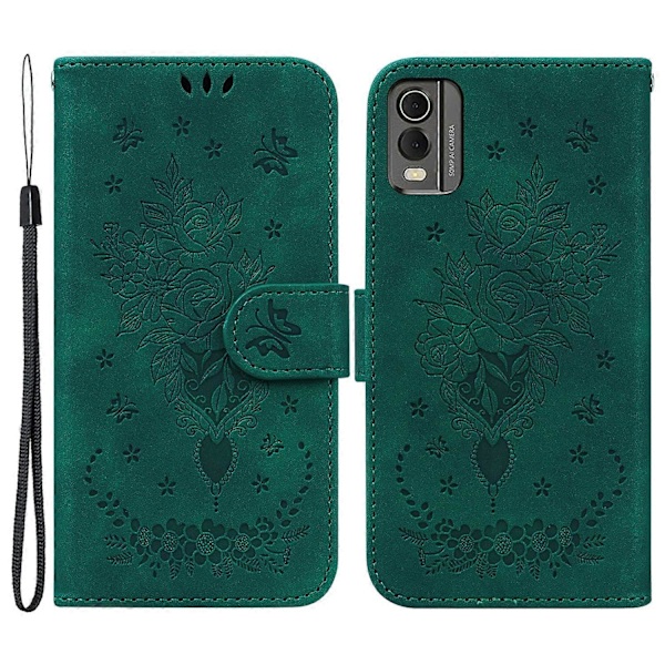 Plånboksfodral i Läder för Nokia C32, Rosfjäril Tryckt Fullt Skydd Mobilskal - Multicolor Green