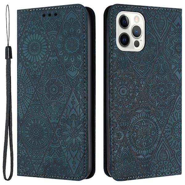 Wallet Case til iPhone 15 Pro Max PU Læder Retro Blomsterpræget Stand Telefon Cover Green