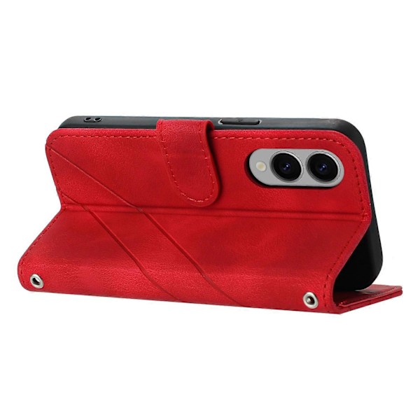 Til Samsung Galaxy S25 Edge Etui Præget Linje Læder Telefon Cover med Praktisk Rem Multicolor Red