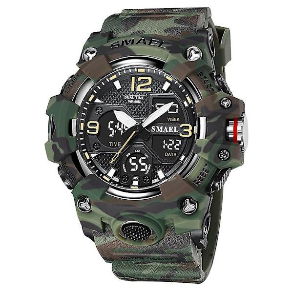 Smael Ur Sport Militærure Vandtæt 50m Stopur LED Lys Ugedagsdisplay Armbåndsure 8008 Quartz Ure Mænd Digital CAMOGREEN