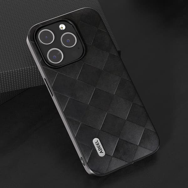 För Iphone 15 Pro Pu Läderbelagd Pc+tpu Phone case Grid Texture Drop-proof Cover Black