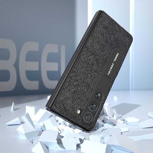 För Samsung Galaxy Z Fold5 5g Kickstand Vikbart phone case Cross Texture Kohud Läder+PC cover Black
