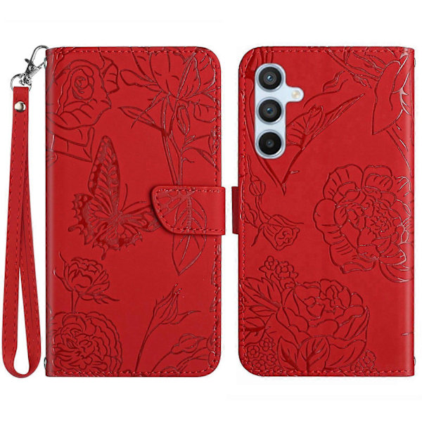 Til Samsung Galaxy A55 5G Butterfly Læder Etui med Håndledsrem Telefon Cover Multicolor Style E