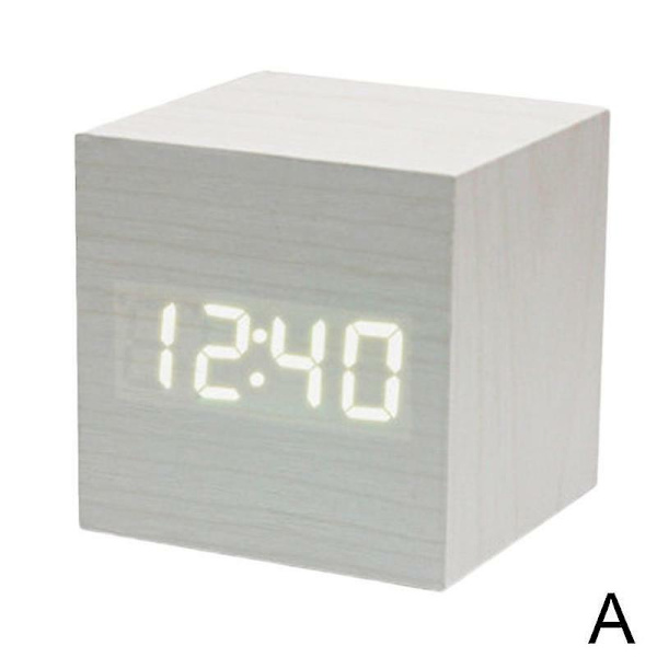Træ Cube Led Alarm Stemmestyring Digitalt Skrivebord Sengelampe Ur Træ Hurtig Temperatur White
