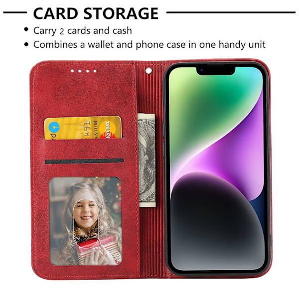 IPhone 14 Naarmuuntumaton Vasikannahka Kuvio Magneettinen Lompakkokotelo Pu-nahkaa, Kohokuvioitu Ruutukuvio, Jalustakansi Hihnalla Red