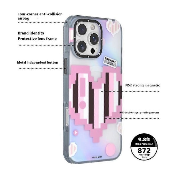 YOUNGKIT Pixel Heart Series för iPhone 16 Pro Magnetiskt Skal IMD TPU Mobil Baksida Design - Grön Multicolor Pink