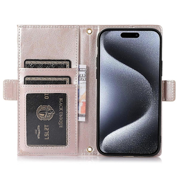 For iPhone 15 Pro Max Deksel Litchi Tekstur Glidelåslomme Lærdeksel med Stropp Multicolor Style E