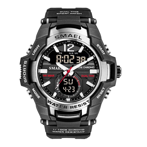 Smael Dual Time Army -urheilukello miehille, valoisa, vedenpitävä kvartsi digitaalinen rannekello herätyskellolla ja LED-taustavalolla sekä kalenterilla 1805 Black Silver