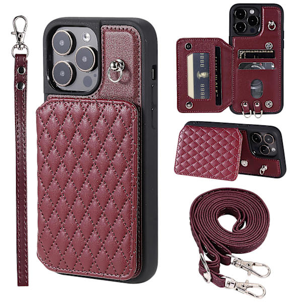 Stötsäkert case för Iphone 15 Pro Rfid Blockering anti-scratch Pu+tpu cover med remmar Wine Red