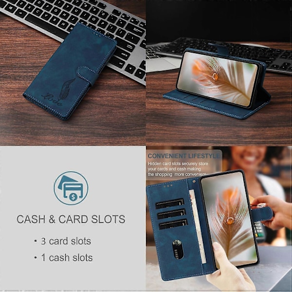 Fodral för Xiaomi Redmi A5 NFC, präglat fjäder PU-läder plånboksfodral med handledsrem Multicolor Dark Blue