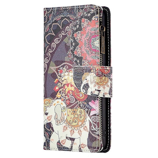 BF03 Mönstrat Fodral med Dragkedja i PU-läder för Xiaomi Redmi Note 13 Pro 4G/Poco M6 Pro 4G Multicolor Flowers and Elephant