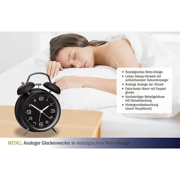 Retro Analog Metal Vækkeur Høj Alarm Stille Bevægelse Baggrundsbelysning Sort