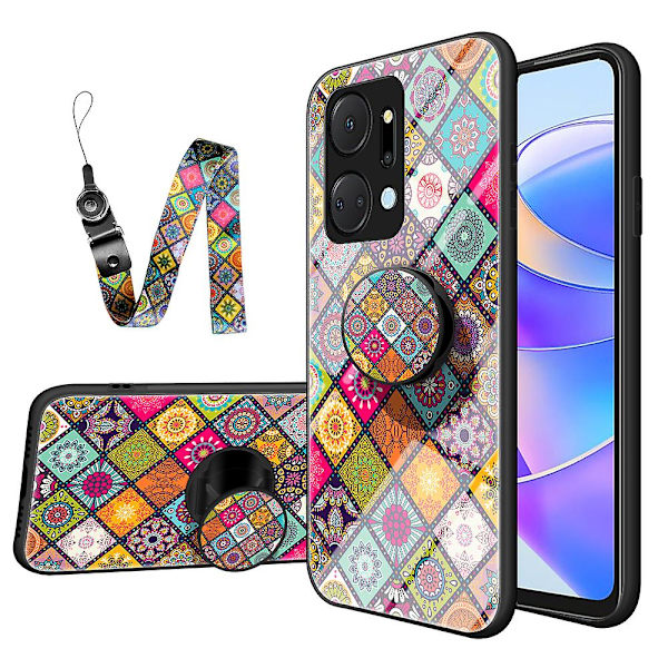 Flower Pattern Phone Case For Honor X7a 5g, Kickstand Pc+tpu+härdat glas Cover med snodd Color Pattern