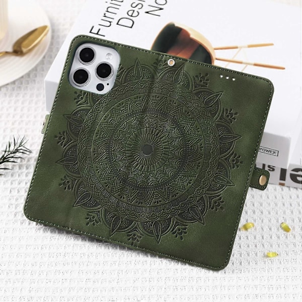 Stil 016 För iPhone 14 Pro Skal Hudkänsla Totem Präglat Plånbok Läder Telefonskal - Svart Multicolor Blackish Green