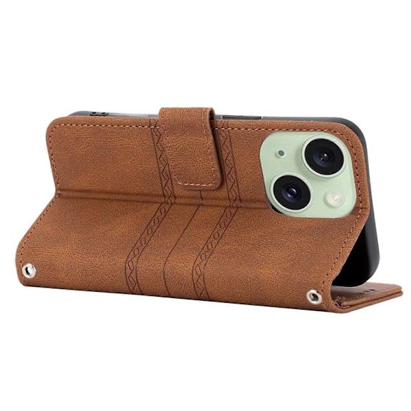 För iPhone 15 Plus Skal Präglat PU Läder Plånbok Anti-fall Telefonskydd med Rem Multicolor Style D