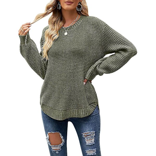 Dam 2023 Höst Casual Höst Våffelstickad tröja Lång ballongärmad lös tröja Army Green X-Large