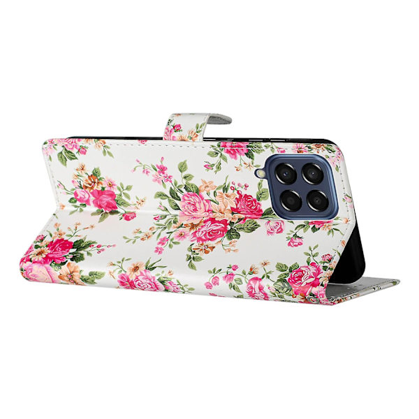 Stötsäkert cover för Samsung Galaxy M53 5g, mönsterutskrift Pu läder phone case Stativ plånbok med rem Red Flowers