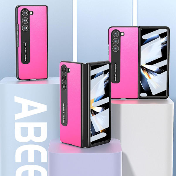 Til Samsung Galaxy Z Fold5 5g Tekstureret Pu Læderbelagt Pc Etui Støtteben Foldbart Telefoncover Rose
