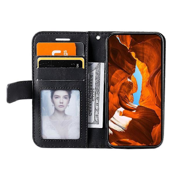 Plånboksfodral för iPhone 14 med skarvat läder, stativ och handrem Multicolor Style B